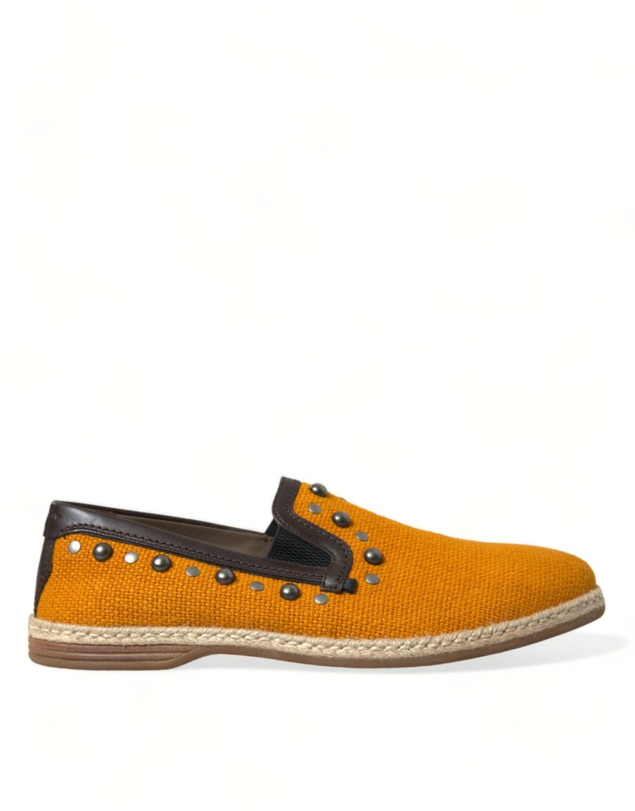 Men Dolce & Gabbana Men'S Loafers | Dolce & Gabbana Orange Linen Leather Studded Loafers Shoes