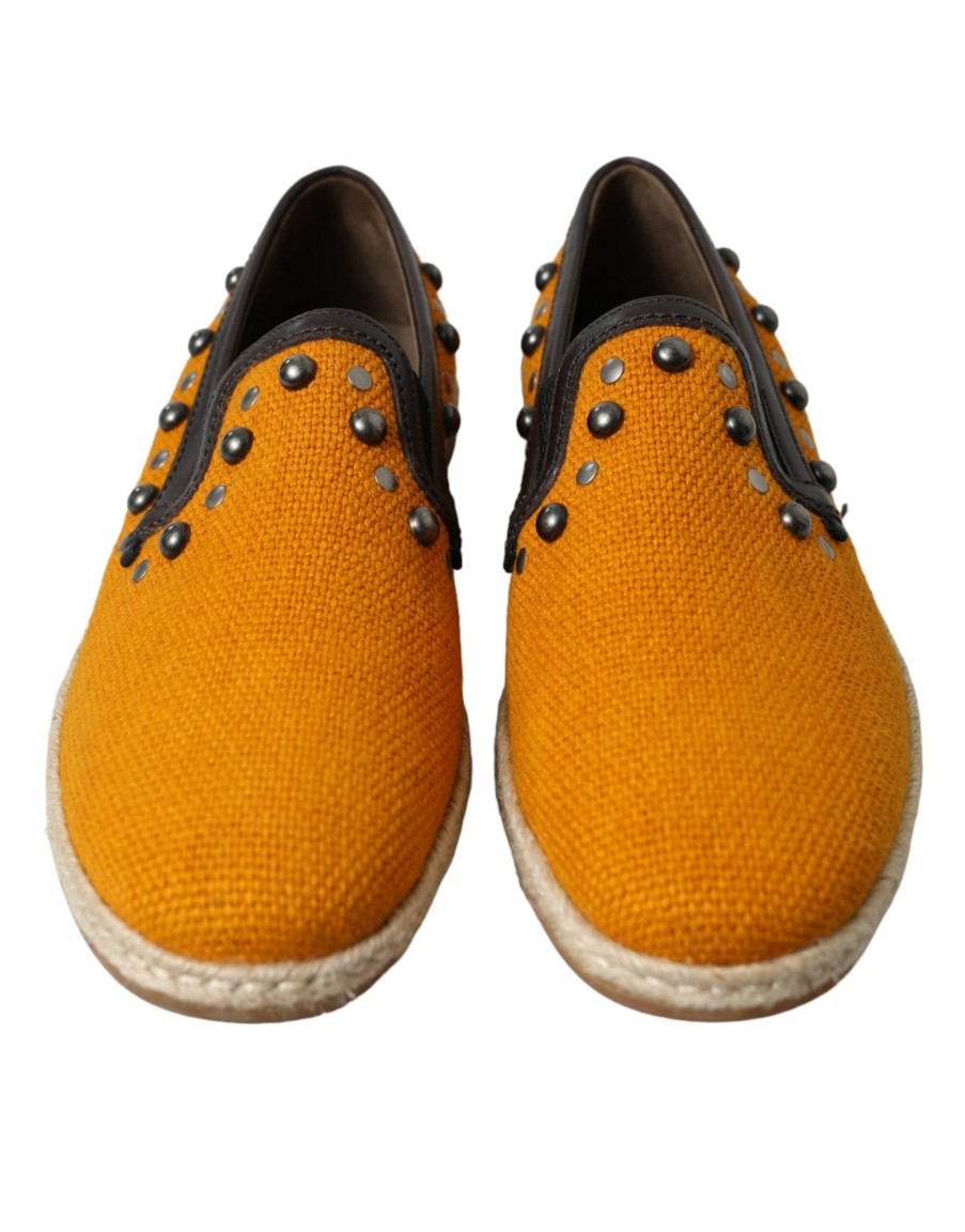 Men Dolce & Gabbana Men'S Loafers | Dolce & Gabbana Orange Linen Leather Studded Loafers Shoes