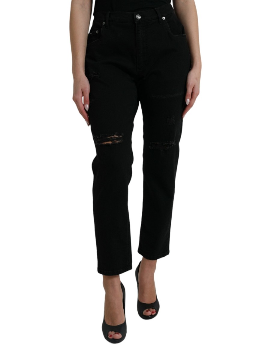 Women Dolce & Gabbana Women'S Pants & Jeans | Dolce & Gabbana Black Cotton High Waist Tattered Denim Jeans