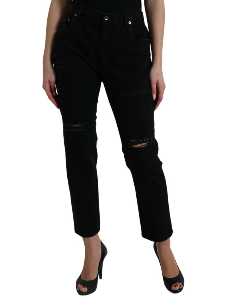 Women Dolce & Gabbana Women'S Pants & Jeans | Dolce & Gabbana Black Cotton High Waist Tattered Denim Jeans