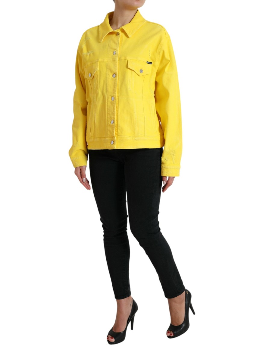 Women Dolce & Gabbana Women'S Jackets & Coats | Dolce & Gabbana Yellow Cotton Denim Jeans Coat Jacket