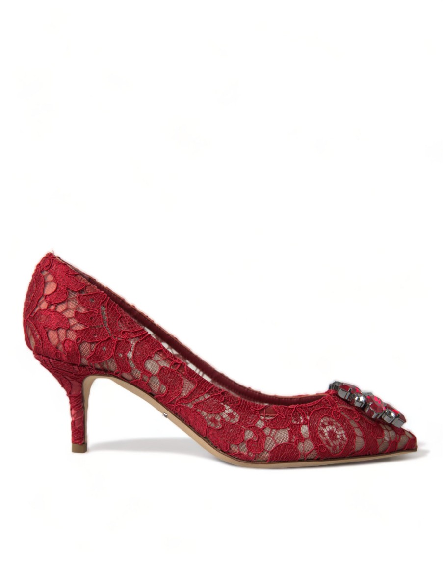 Women Dolce & Gabbana Women'S Pumps | Dolce & Gabbana Red Taormina Lace Crystal Heels Pumps Shoes