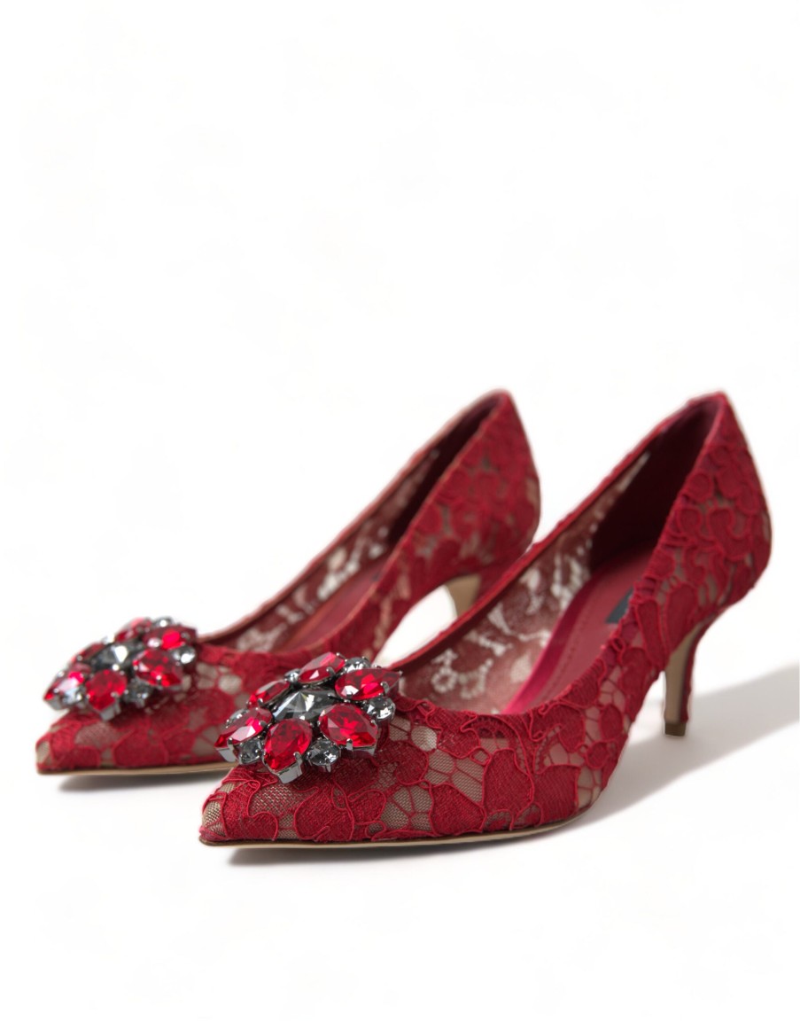 Women Dolce & Gabbana Women'S Pumps | Dolce & Gabbana Red Taormina Lace Crystal Heels Pumps Shoes