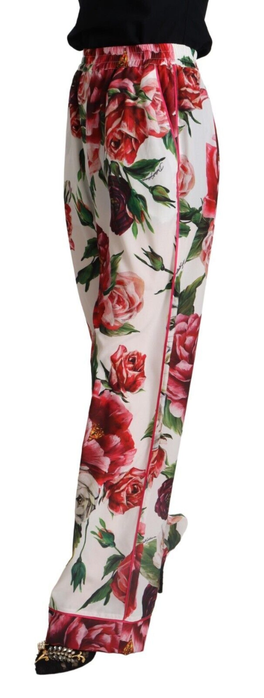 Women Dolce & Gabbana Women'S Pants & Jeans | Dolce & Gabbana White Floral Print Mid Waist Wide Leg Pants