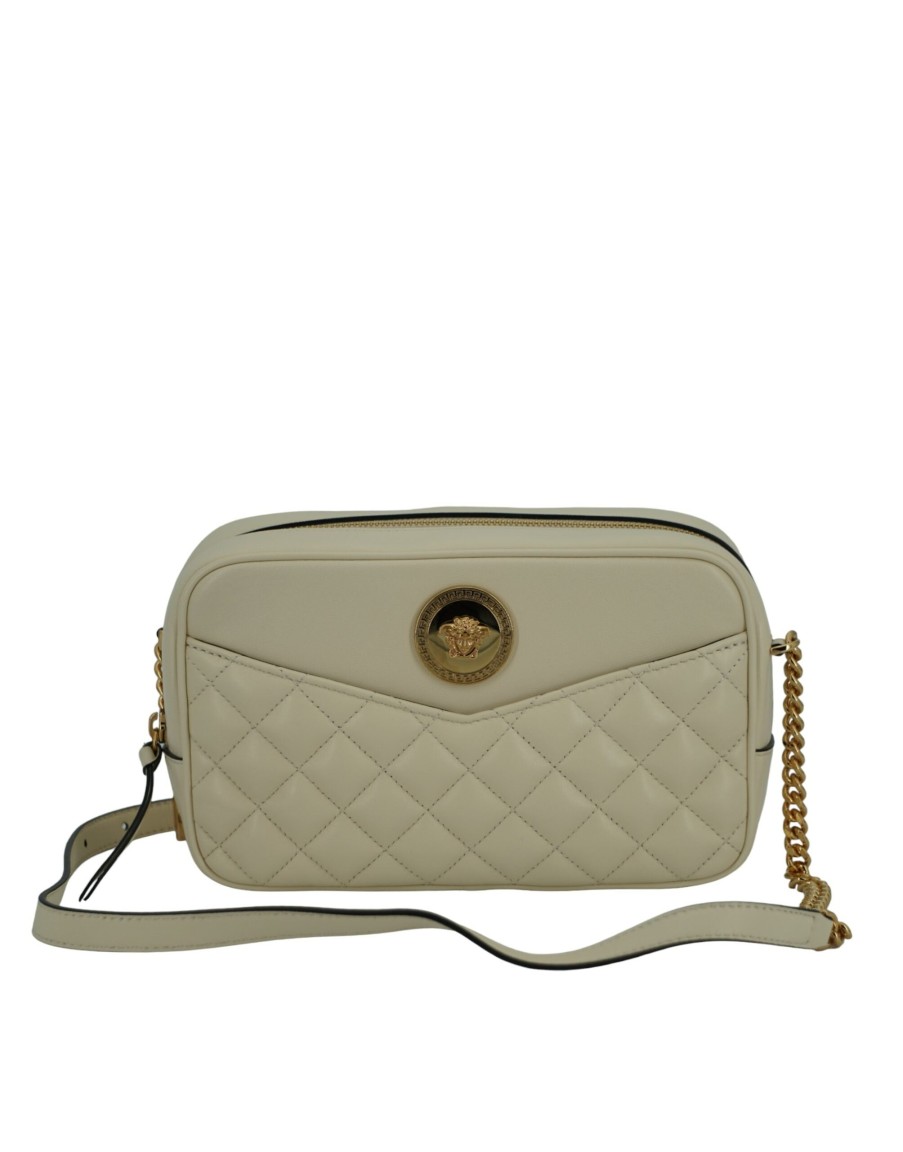 Women Versace Women'S Crossbody Bags | Versace White Lamb Leather Medium Camera Shoulder Bag