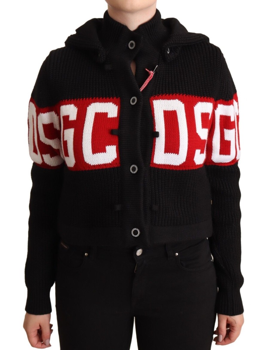 Women GCDS Women'S Cardigans | Gcds Black Cashmere Hooded Button Down Logo Cardigan Jacket