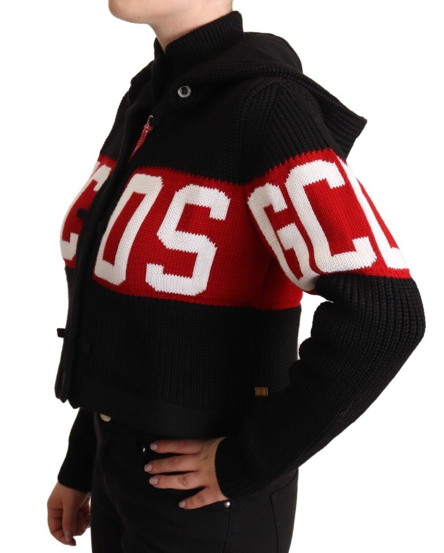 Women GCDS Women'S Cardigans | Gcds Black Cashmere Hooded Button Down Logo Cardigan Jacket