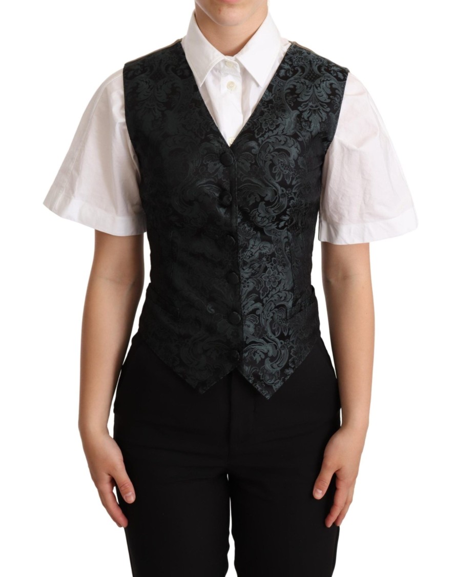 Women Dolce & Gabbana Women'S Vest | Dolce & Gabbana Black Jacquard Floral Waistcoat Vest Green