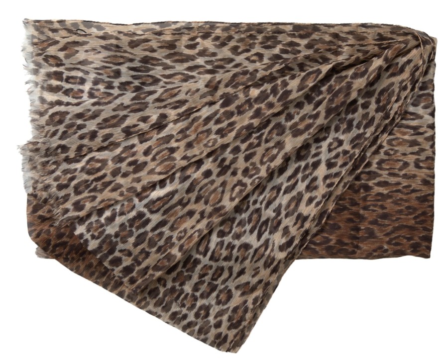 Women Dolce & Gabbana Women'S Scarves | Dolce & Gabbana Brown Leopard Silk Shawl Wrap Foulard Scarf