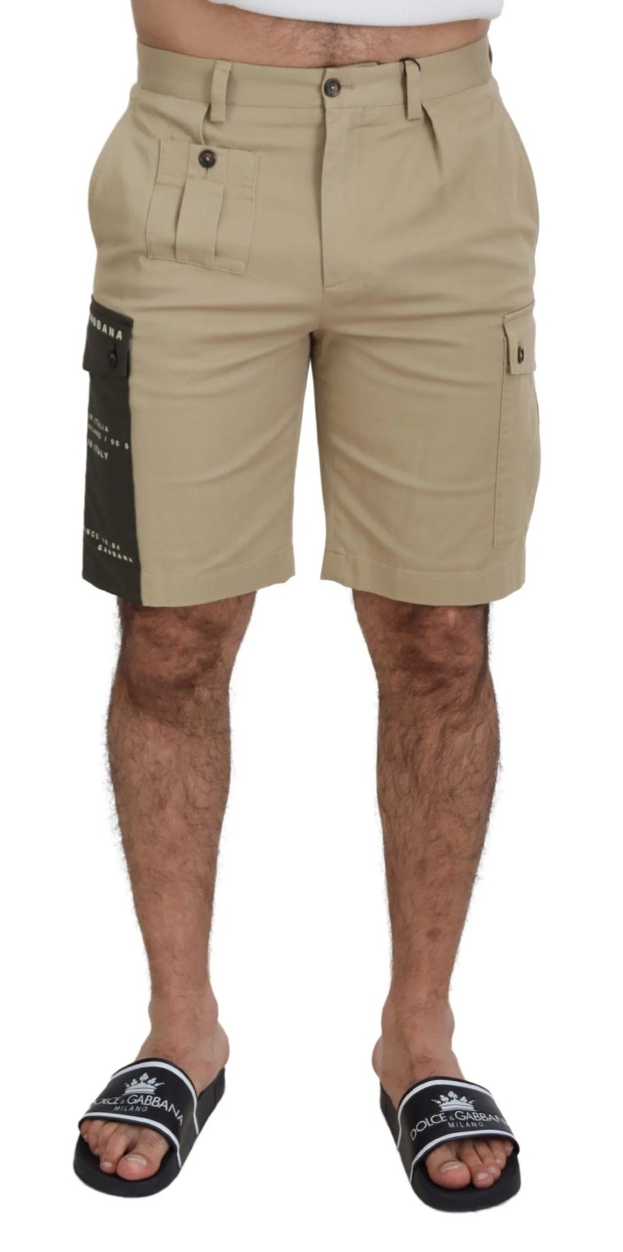 Men Dolce & Gabbana Men'S Shorts | Dolce & Gabbana Beige Cotton Cargo Bermuda Shorts