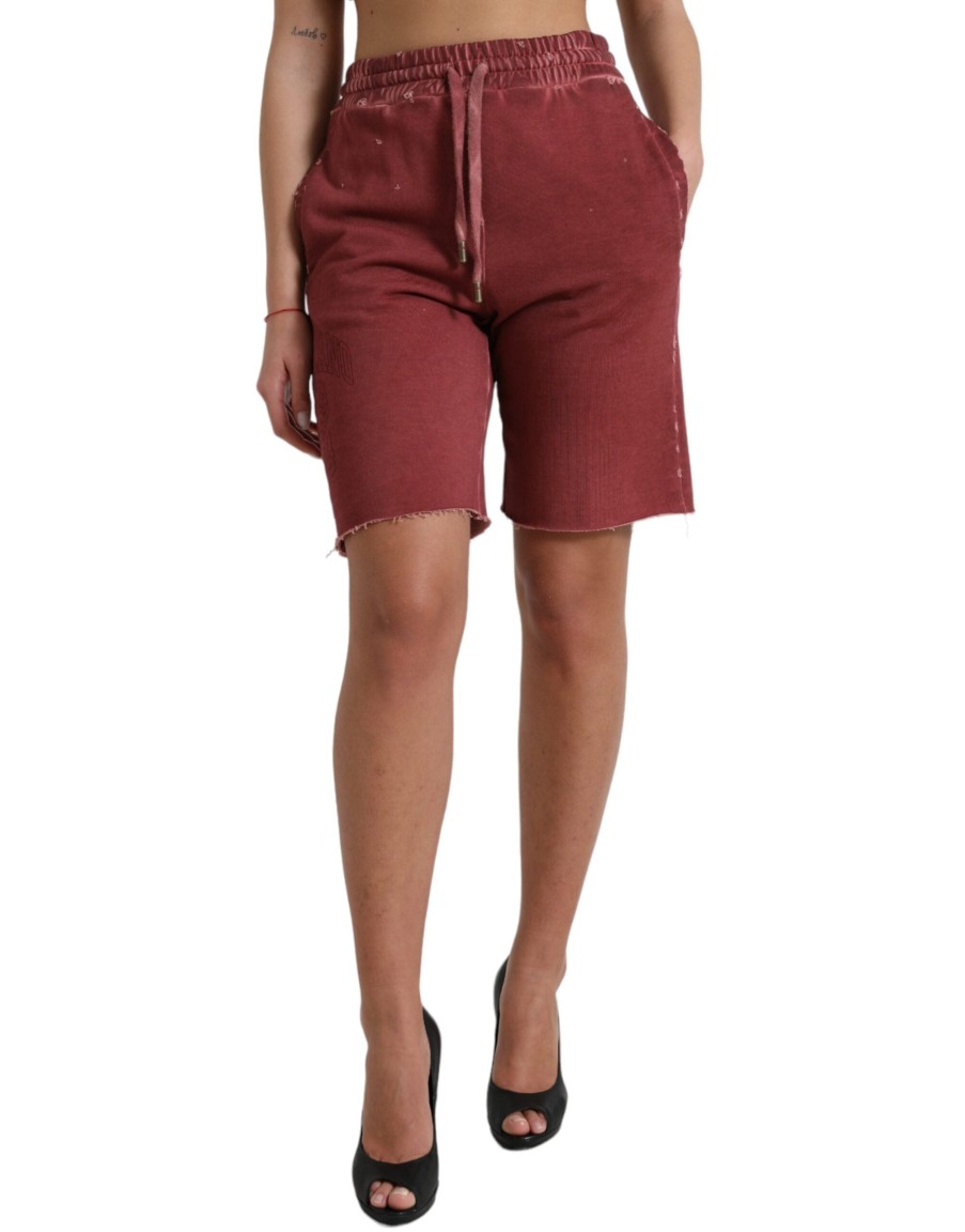 Women Dolce & Gabbana Women'S Shorts | Dolce & Gabbana Maroon Cotton High Waist Sweatshorts Shorts