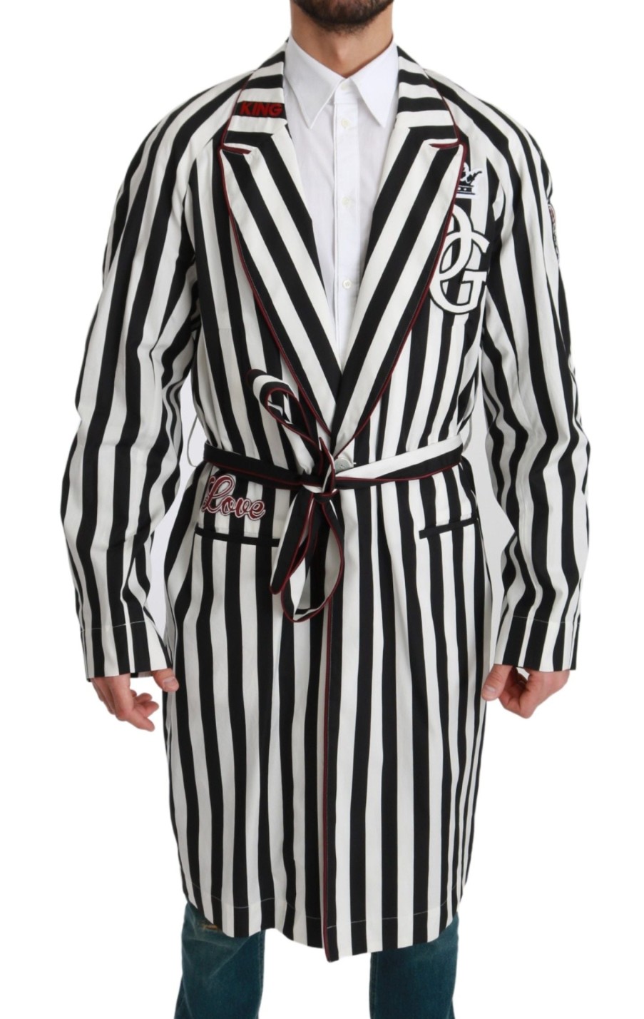 Men Dolce & Gabbana Men'S Sleepwear | Dolce & Gabbana Black Coat Nightgown White Cotton Robe