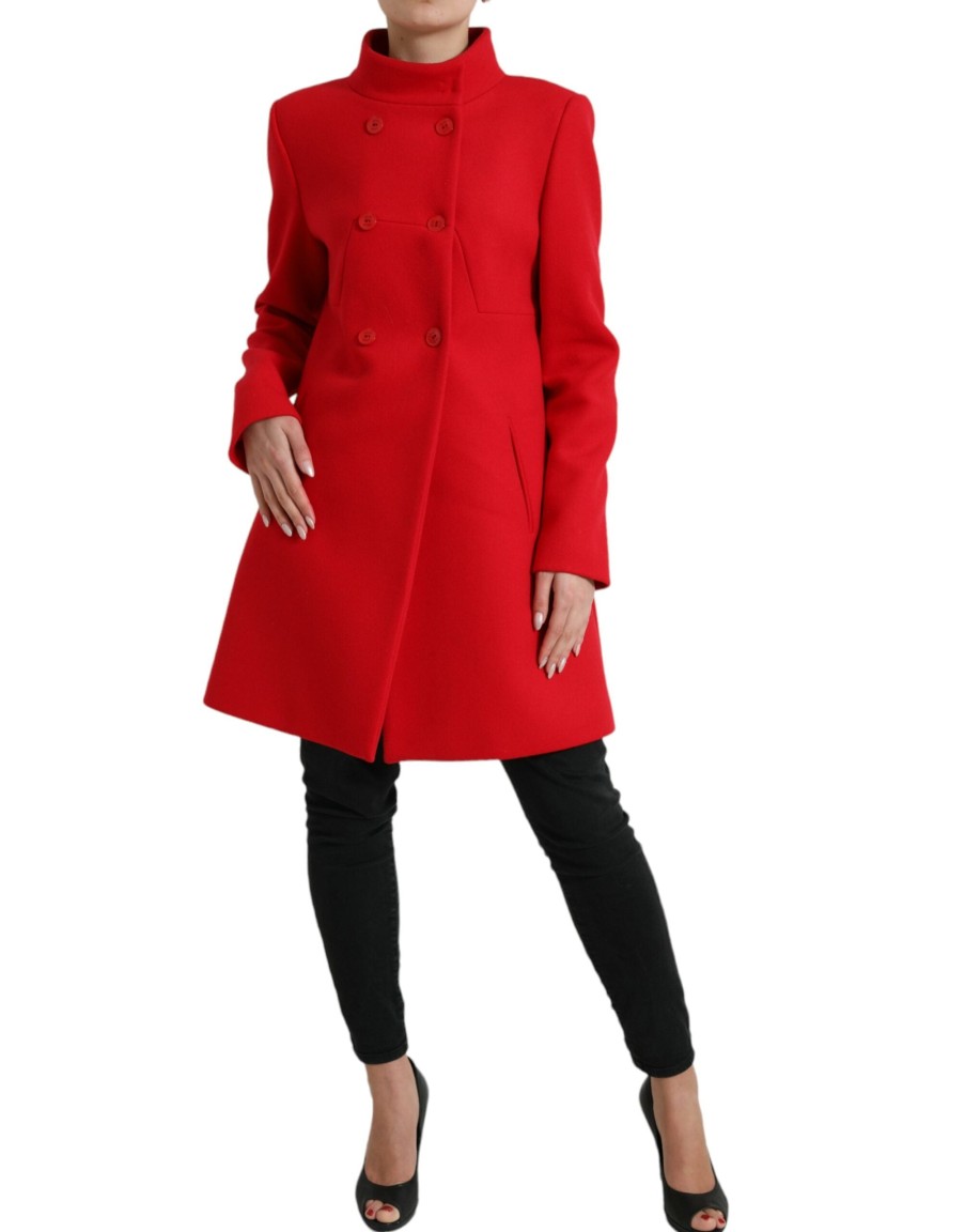 Women Liu Jo Women'S Jackets & Coats | Liu Jo Red Wool Double Breasted Long Sleeves Coat Jacket