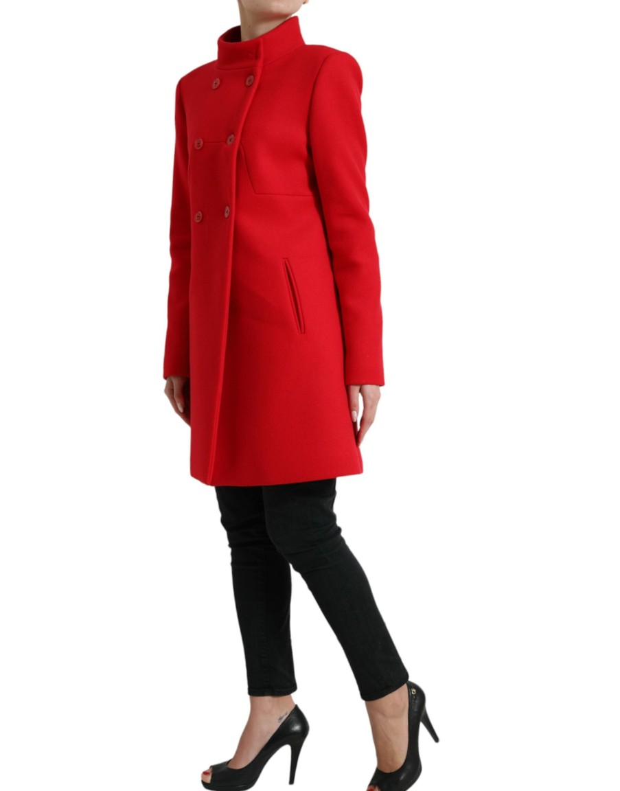 Women Liu Jo Women'S Jackets & Coats | Liu Jo Red Wool Double Breasted Long Sleeves Coat Jacket