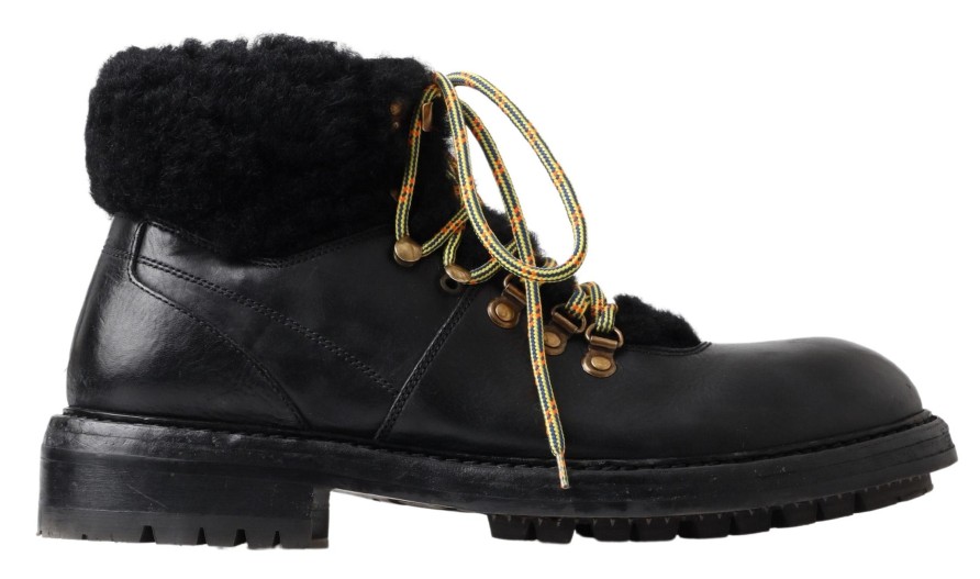 Men Dolce & Gabbana Men'S Boots | Dolce & Gabbana Black Leather Bernini Shearling Boots Shoes