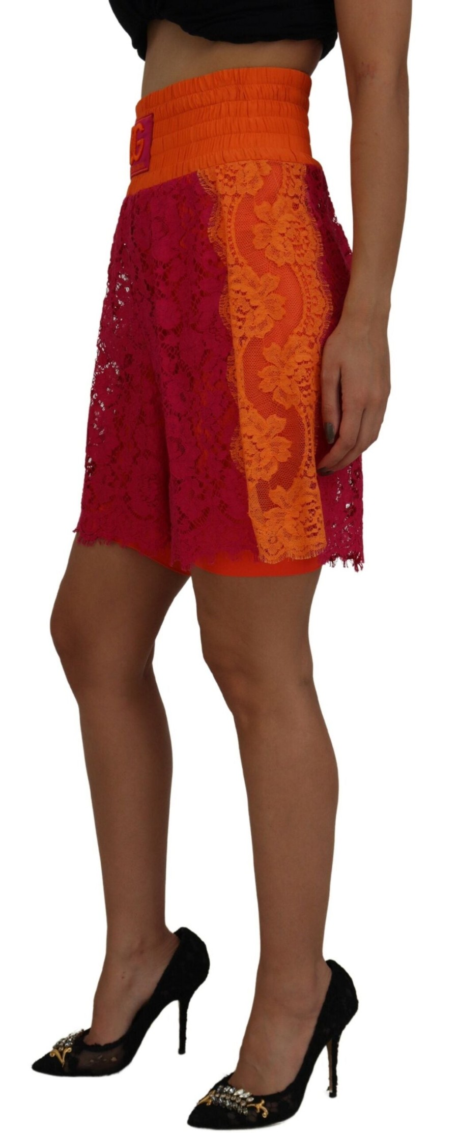 Women Dolce & Gabbana Women'S Shorts | Dolce & Gabbana Pink Orange Lace Cotton High Waist Shorts