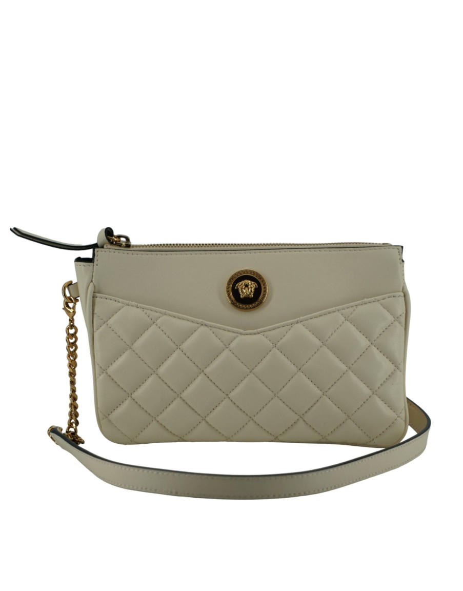 Women Versace Women'S Crossbody Bags | Versace White Lamb Leather Pouch Crossbody Bag