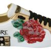 Women Dolce & Gabbana Women'S Sneakers | Dolce & Gabbana White Roses Sequined Crystal Womens Sneakers Shoes