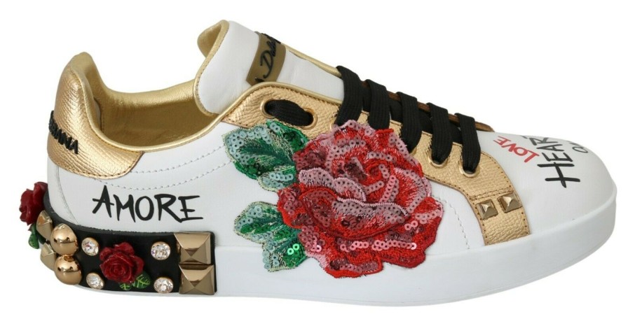 Women Dolce & Gabbana Women'S Sneakers | Dolce & Gabbana White Roses Sequined Crystal Womens Sneakers Shoes