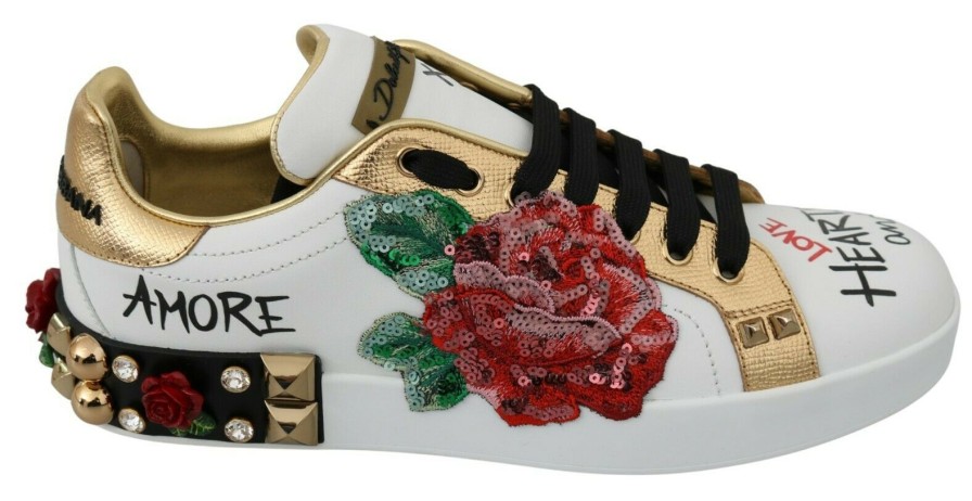 Women Dolce & Gabbana Women'S Sneakers | Dolce & Gabbana White Roses Sequined Crystal Womens Sneakers Shoes