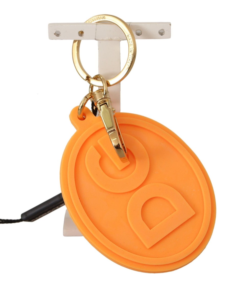 Men Dolce & Gabbana Men'S Keychains | Dolce & Gabbana Orange Rubber Dg Logo Gold Brass Metal Keychain