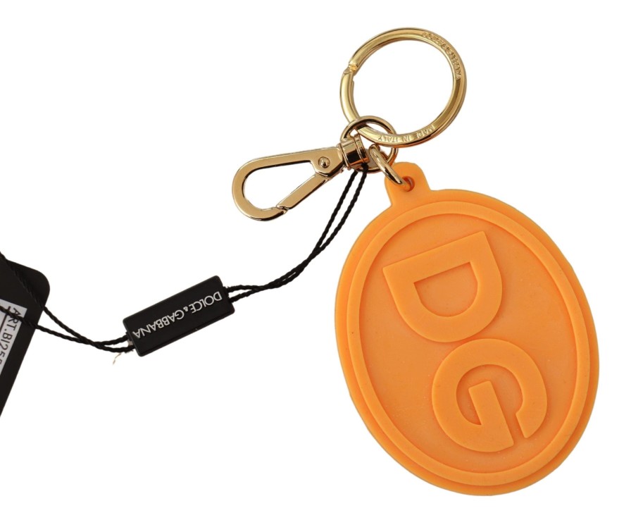 Men Dolce & Gabbana Men'S Keychains | Dolce & Gabbana Orange Rubber Dg Logo Gold Brass Metal Keychain