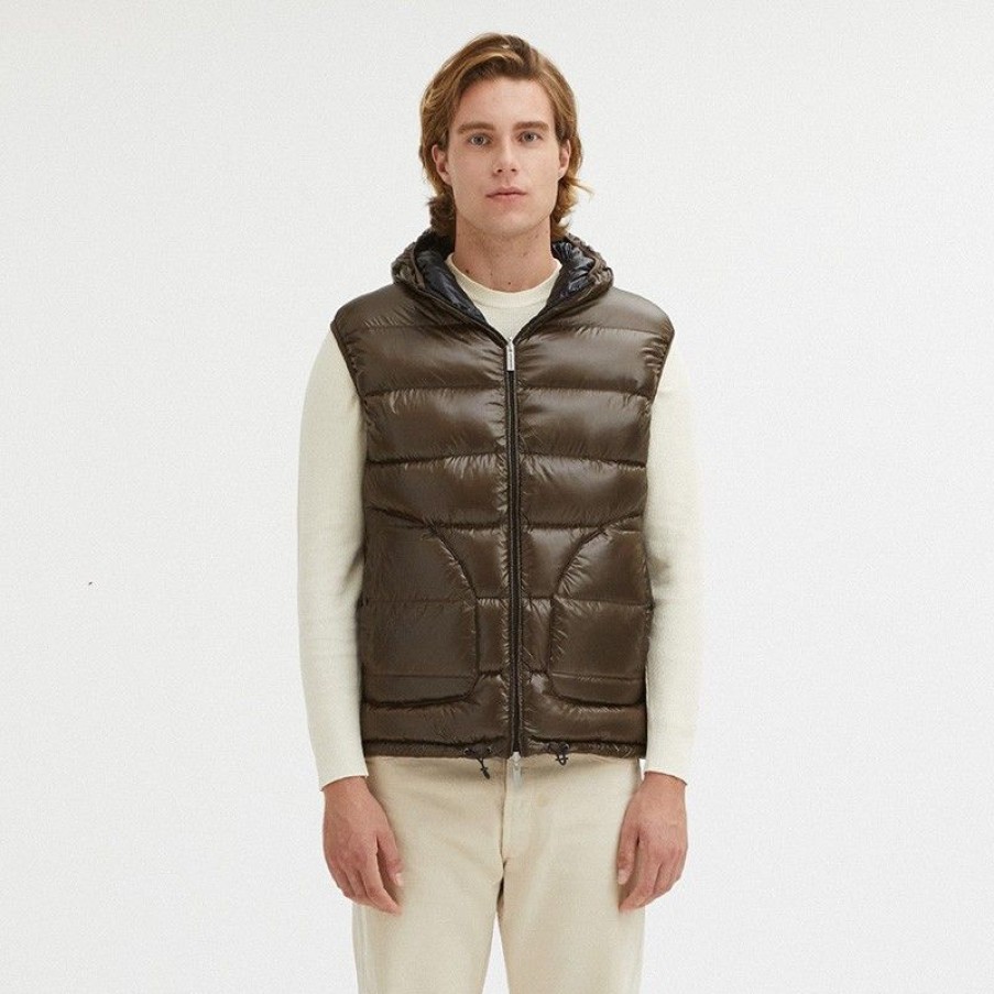 Men Centogrammi Men'S Vests | Centogrammi Reversible Hooded Duck Feather Vest