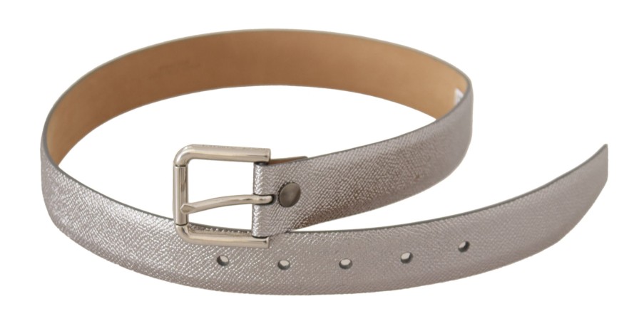 Women Dolce & Gabbana Women'S Belts | Dolce & Gabbana Metallic Silver Leather Metal Waist Buckle Belt