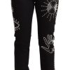 Women Valentino Women'S Pants & Jeans | Valentino Black Cotton Mid Waist Embellished Slim Fit Jeans