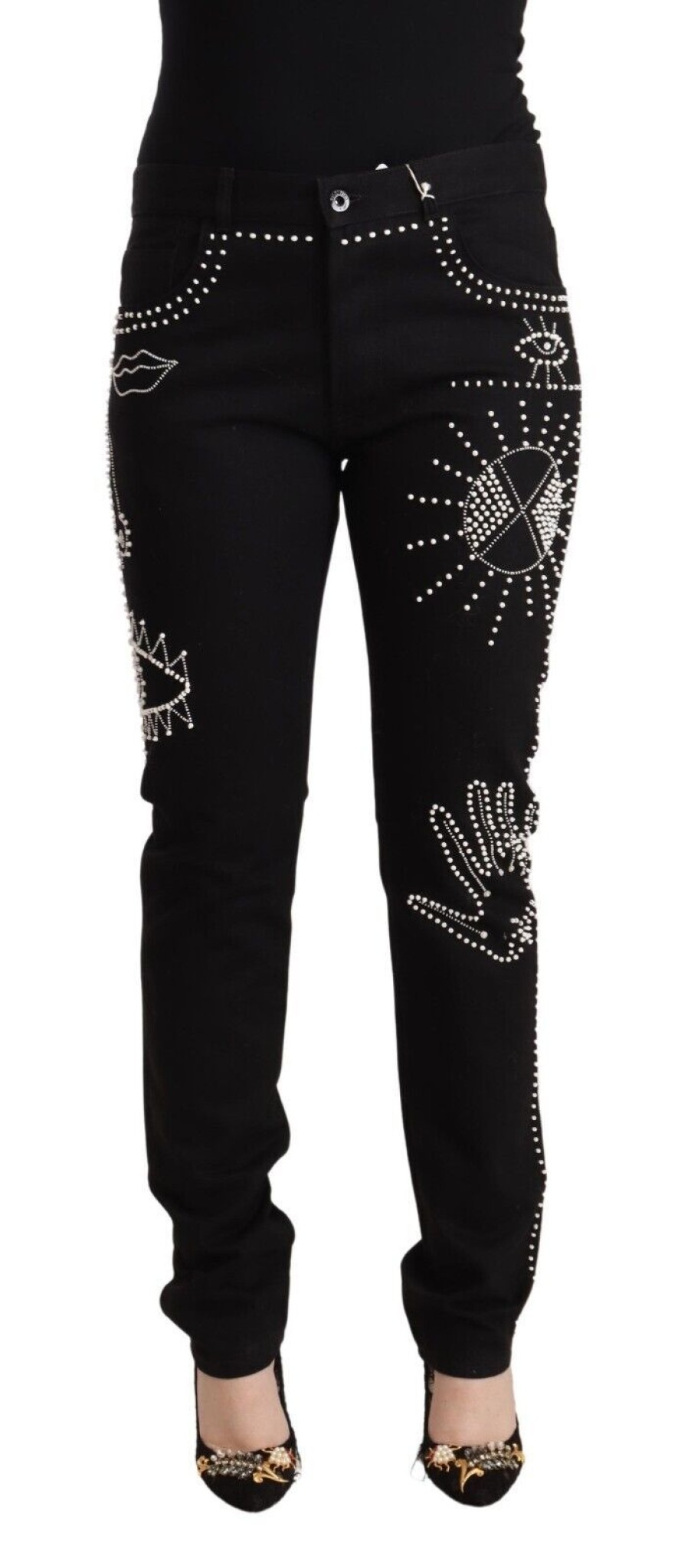 Women Valentino Women'S Pants & Jeans | Valentino Black Cotton Mid Waist Embellished Slim Fit Jeans