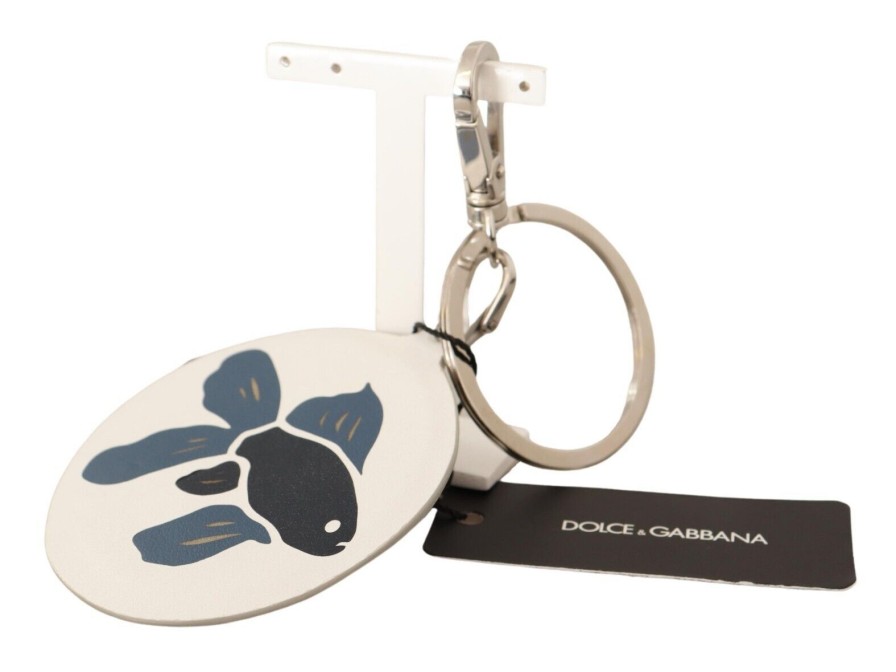 Men Dolce & Gabbana Men'S Keychains | Dolce & Gabbana White Leather Fish Metal Silver Tone Keyring Keychain