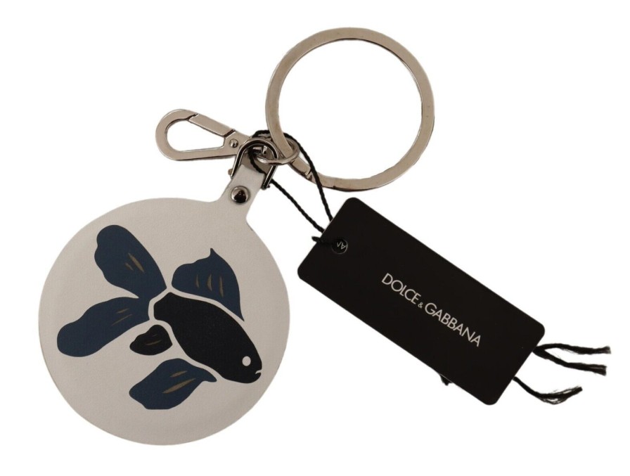 Men Dolce & Gabbana Men'S Keychains | Dolce & Gabbana White Leather Fish Metal Silver Tone Keyring Keychain