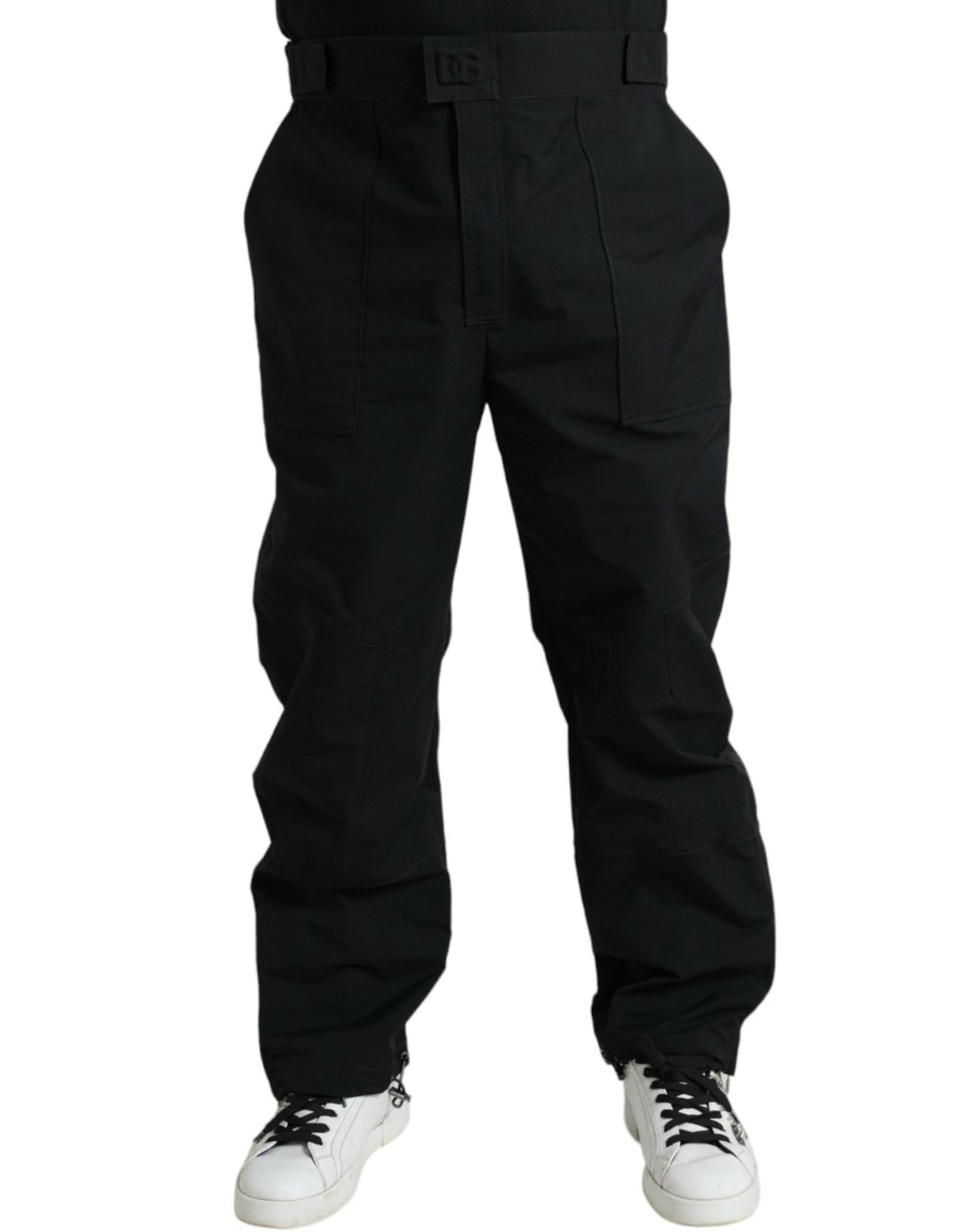 Men Dolce & Gabbana Men'S Jeans & Pants | Dolce & Gabbana Black Polyester Logo Straight Pants