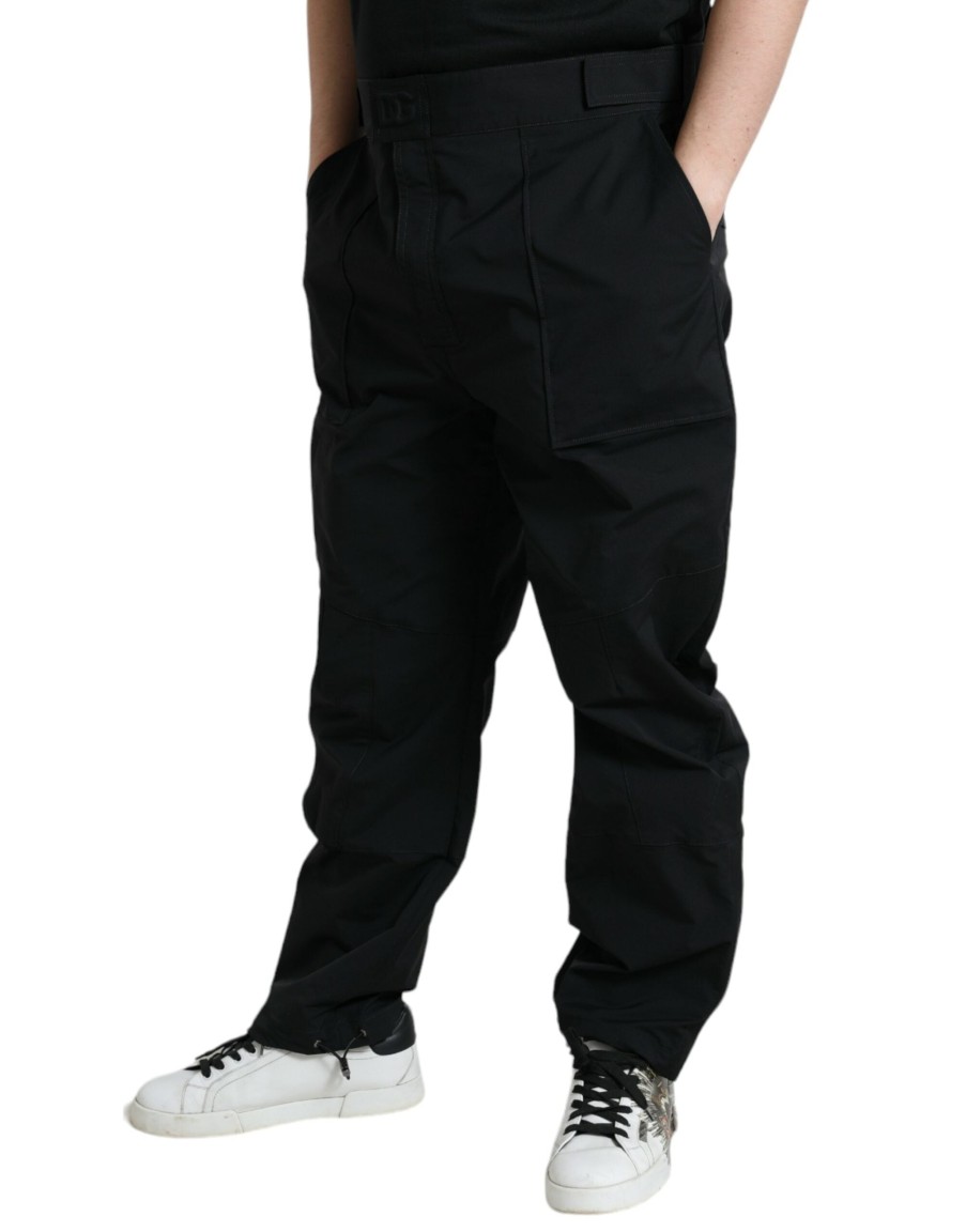 Men Dolce & Gabbana Men'S Jeans & Pants | Dolce & Gabbana Black Polyester Logo Straight Pants