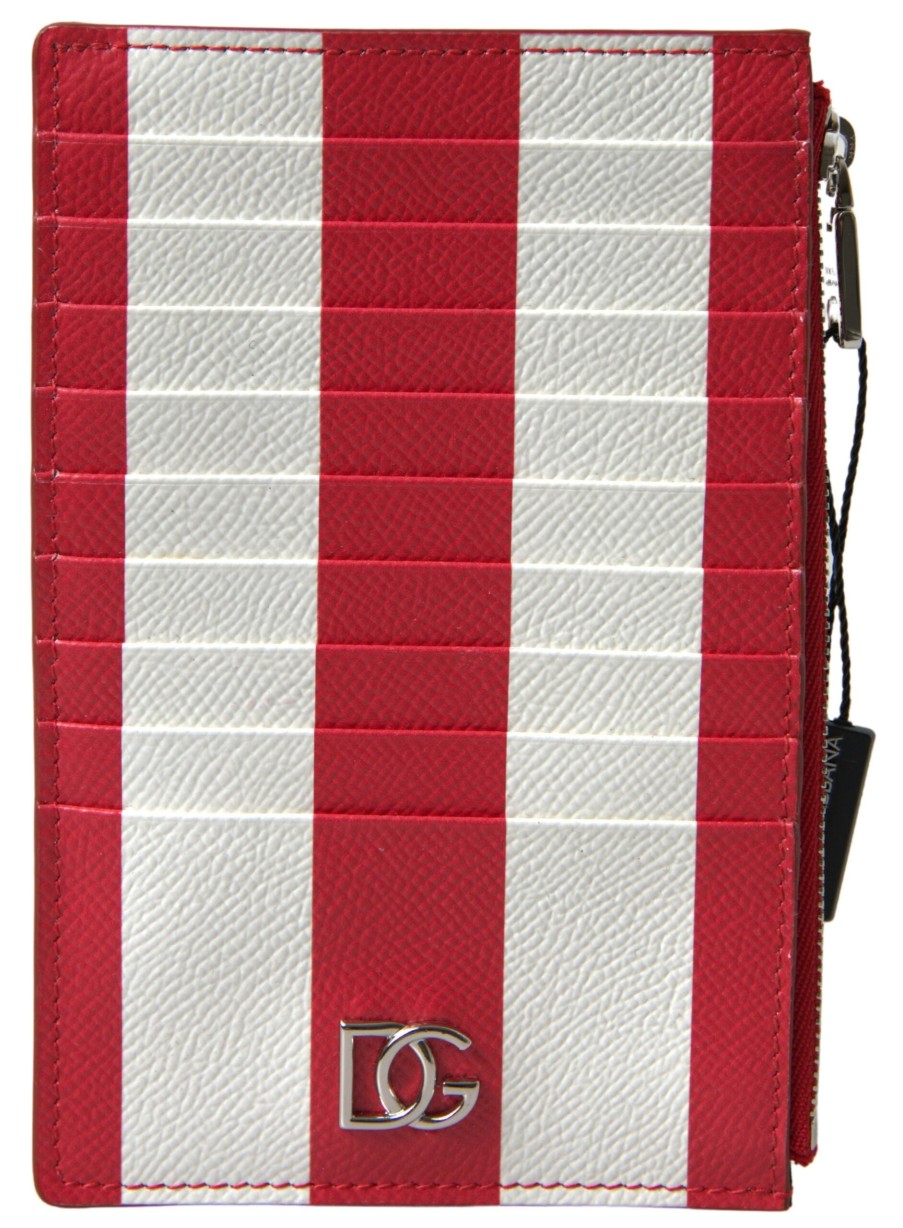 Women Dolce & Gabbana Women'S Wallets | Dolce & Gabbana Red White Leather Dg Logo Zip Card Holder Wallet