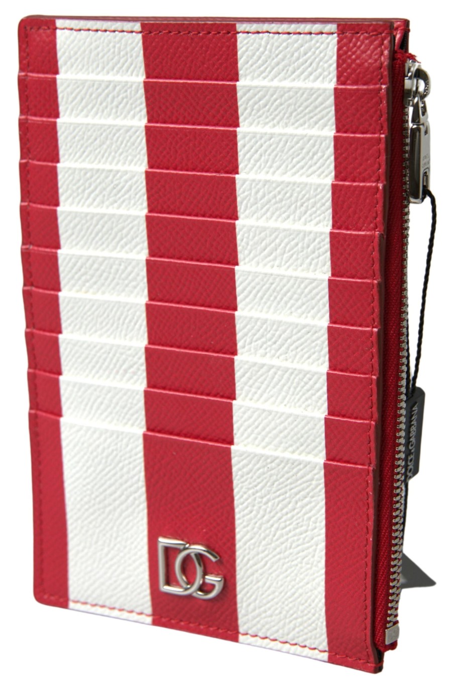 Women Dolce & Gabbana Women'S Wallets | Dolce & Gabbana Red White Leather Dg Logo Zip Card Holder Wallet