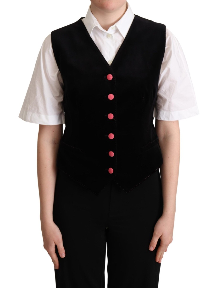 Women Dolce & Gabbana Women'S Vest | Dolce & Gabbana Black Velvet Sleeveless Waistcoat Vest