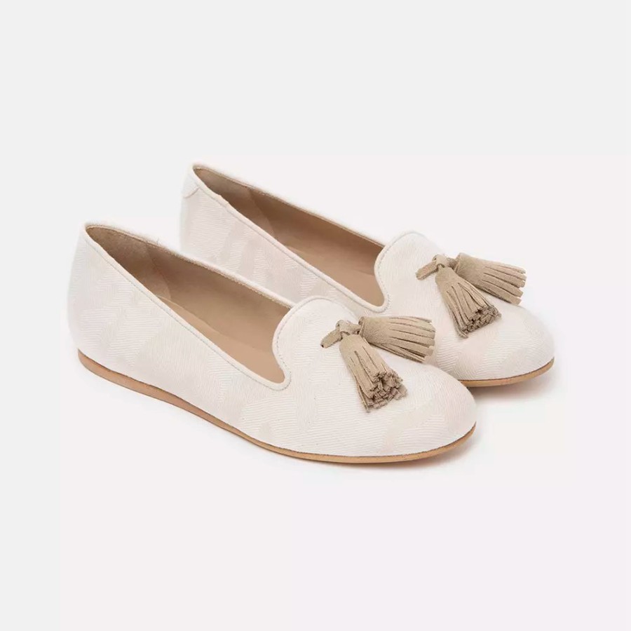 Women Charles Philip Women'S Flat Shoes | Charles Philip Elegant Beige Silk Tassel Loafers