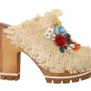 Women Dolce & Gabbana Women'S Platforms & Wedges | Dolce & Gabbana Beige Raffia Mules Floral Slides