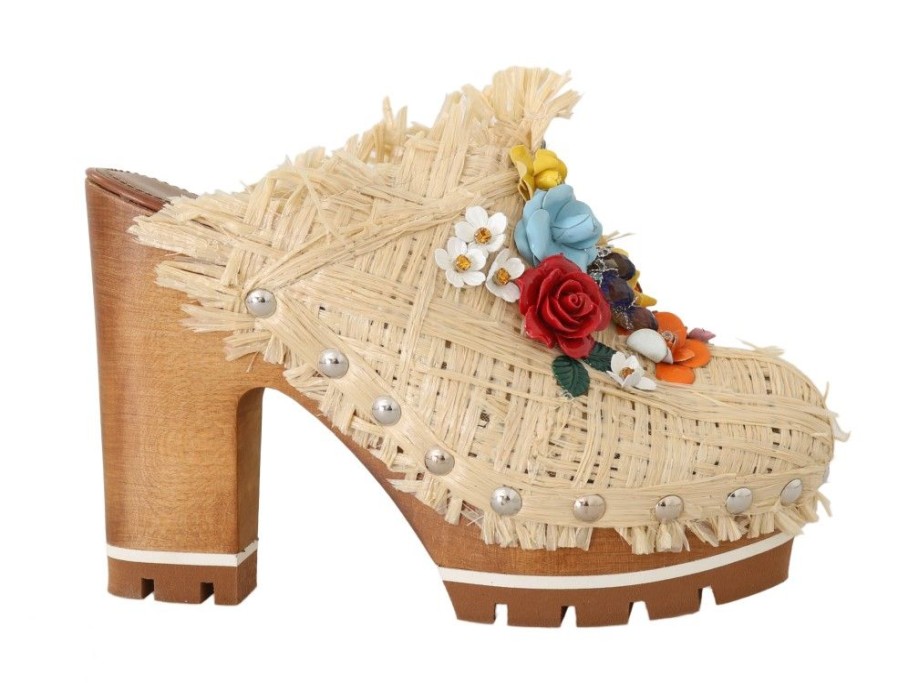 Women Dolce & Gabbana Women'S Platforms & Wedges | Dolce & Gabbana Beige Raffia Mules Floral Slides