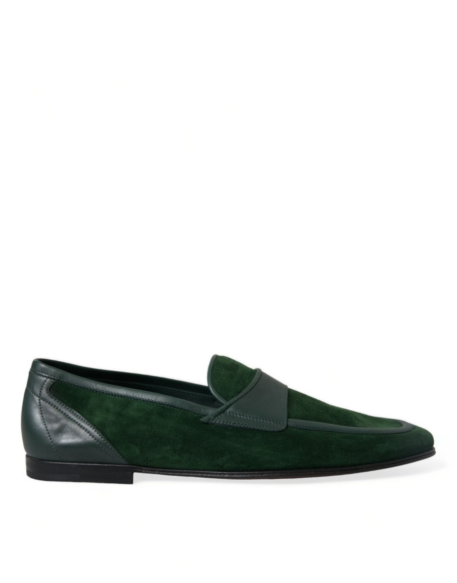 Men Dolce & Gabbana | Dolce & Gabbana Green Velvet Slip On Men Loafer Dress Shoes