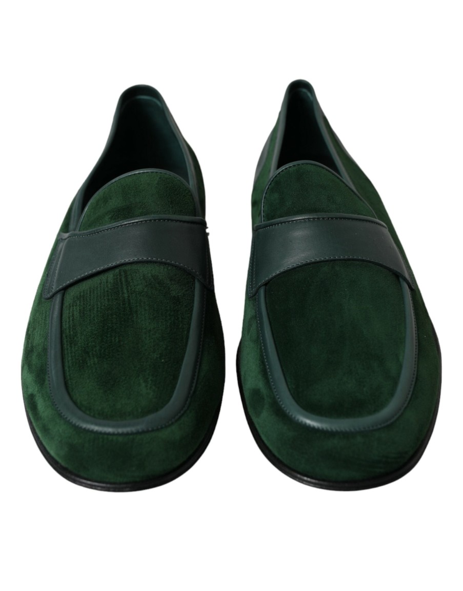 Men Dolce & Gabbana | Dolce & Gabbana Green Velvet Slip On Men Loafer Dress Shoes