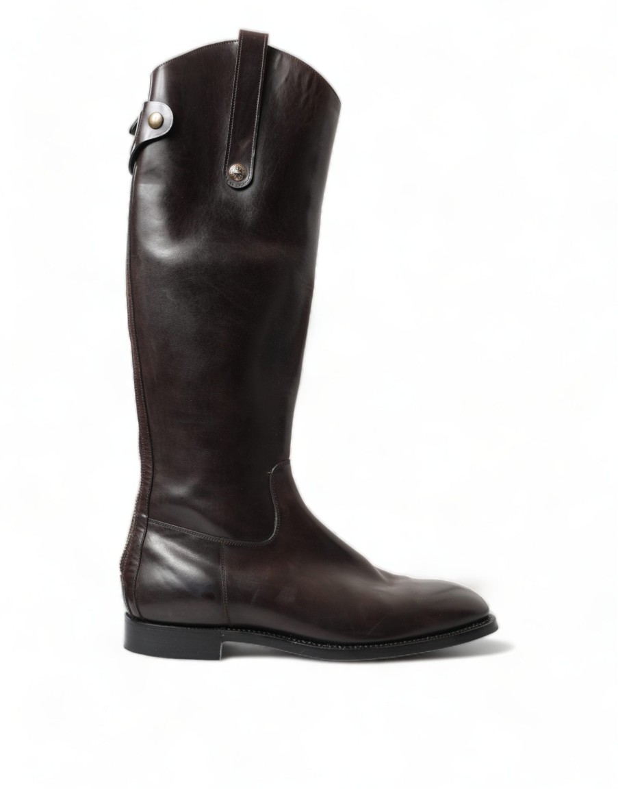 Men Dolce & Gabbana Men'S Boots | Dolce & Gabbana Brown Leather Knee High Rider Mens Boots Shoes