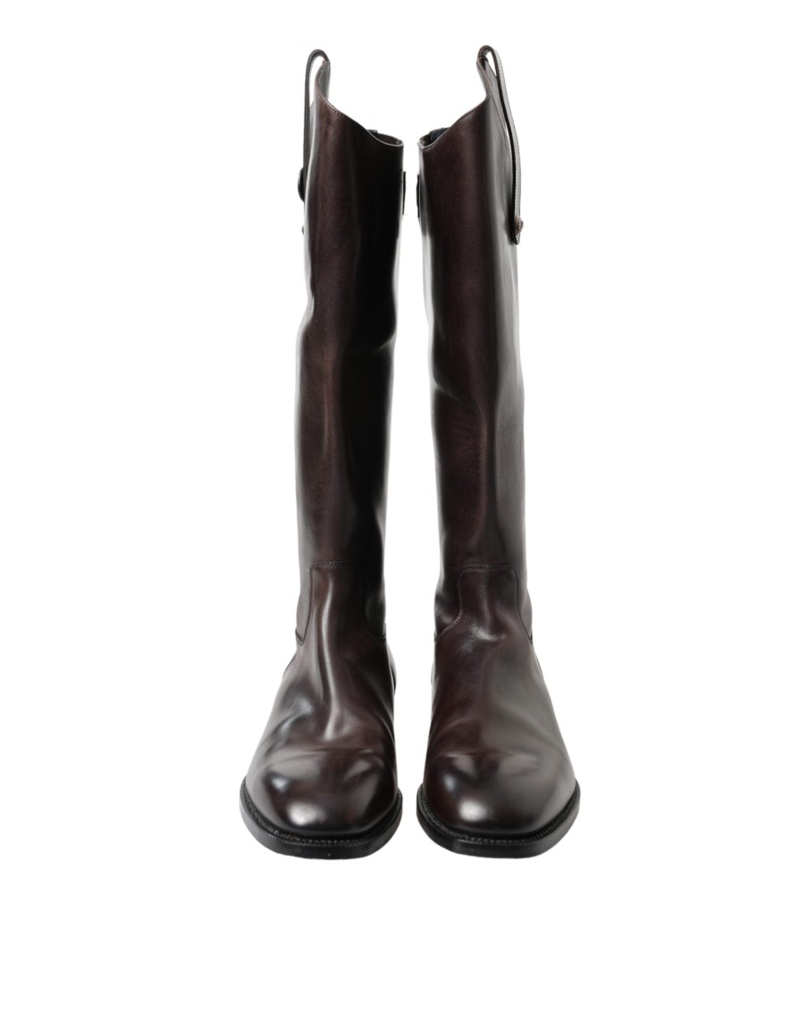 Men Dolce & Gabbana Men'S Boots | Dolce & Gabbana Brown Leather Knee High Rider Mens Boots Shoes