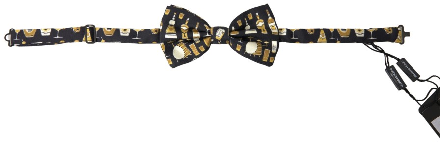 Men Dolce & Gabbana Men'S Ties & Bowties | Dolce & Gabbana Black Printed Silk Adjustable Men Neck Papillon Bow Ti