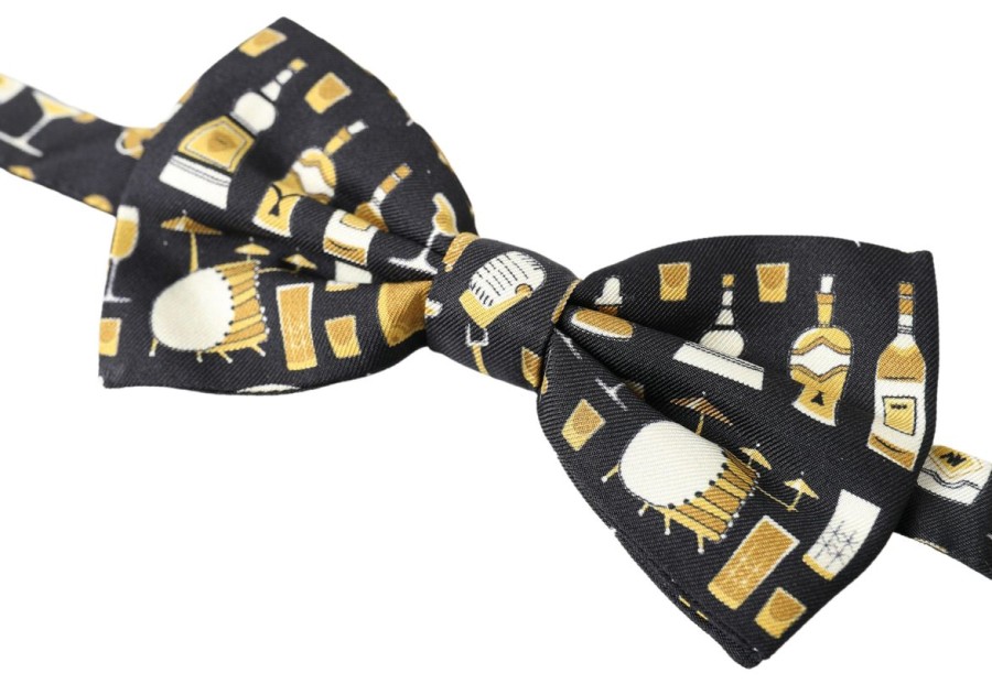 Men Dolce & Gabbana Men'S Ties & Bowties | Dolce & Gabbana Black Printed Silk Adjustable Men Neck Papillon Bow Ti