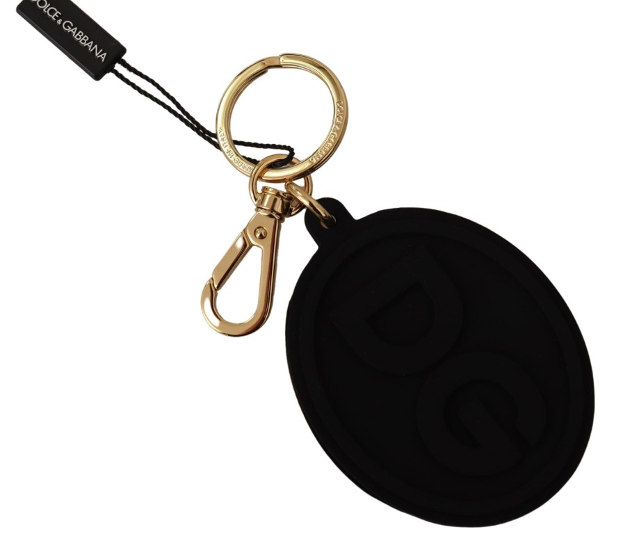 Men Dolce & Gabbana Men'S Keychains | Dolce & Gabbana Black Rubber Dg Logo Gold Brass Metal Keyring Keychain