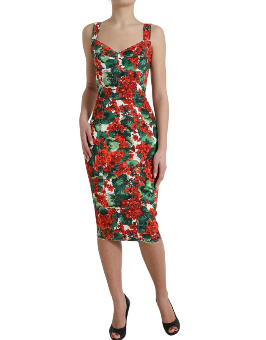 Women Dolce & Gabbana Women'S Dresses | Dolce & Gabbana Multicolor Geranium Viscose Sheath Midi Dress