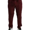 Men Dolce & Gabbana Men'S Jeans & Pants | Dolce & Gabbana Maroon Crown Pattern Silk Pajama Pants