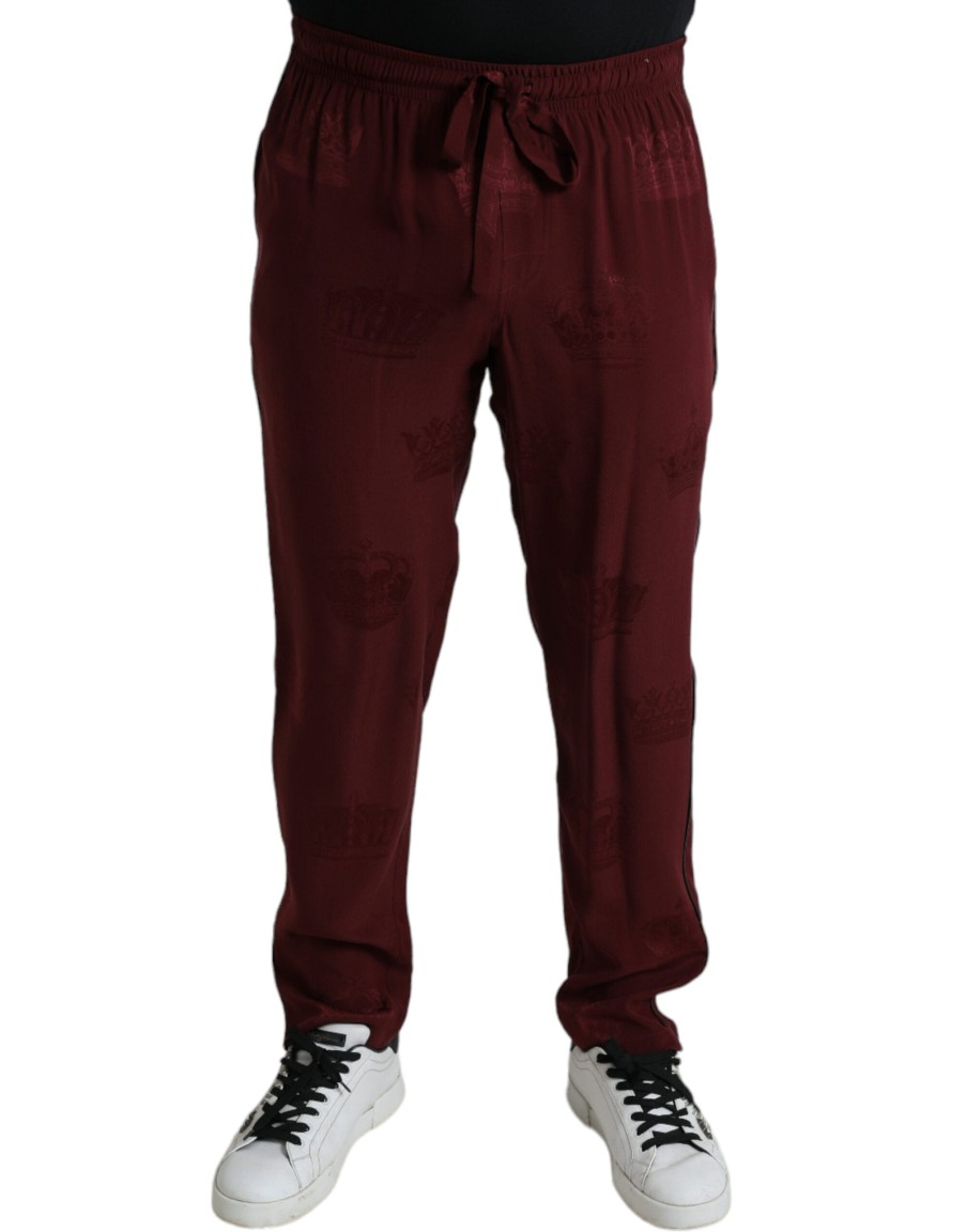 Men Dolce & Gabbana Men'S Jeans & Pants | Dolce & Gabbana Maroon Crown Pattern Silk Pajama Pants